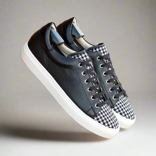 Ambrogio Luxury Black & White Houndstooth / Full Grain Leather Trainer Sneakers (AMB2547)-AmbrogioShoes