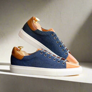 Ambrogio Luxury Cognac & Navy Jeans / Calf-Skin Leather Trainer Sneakers (AMB2546)-AmbrogioShoes