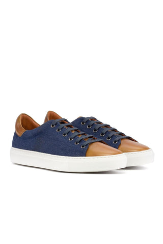 Ambrogio Luxury Cognac & Navy Jeans / Calf-Skin Leather Trainer Sneakers (AMB2546)-AmbrogioShoes