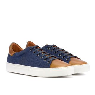 Ambrogio Luxury Cognac & Navy Jeans / Calf-Skin Leather Trainer Sneakers (AMB2546)-AmbrogioShoes