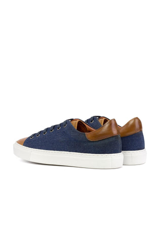 Ambrogio Luxury Cognac & Navy Jeans / Leather Trainer Sneakers (AMB2546)-AmbrogioShoes