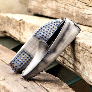 Ambrogio Luxury Gray Patina Leather Driver Loafers (AMB2540)-AmbrogioShoes