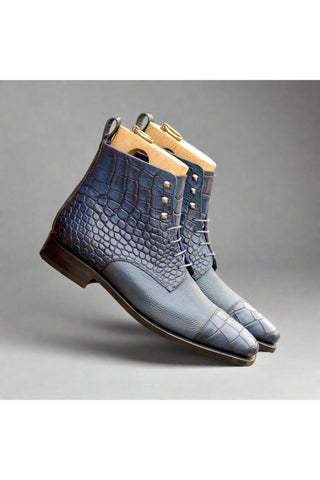 Ambrogio Luxury Navy Crocodile Embossed / Pebble Grain Leather Jumper Boots (AMB2545)-AmbrogioShoes