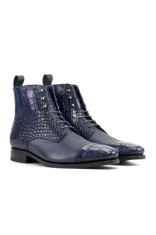 Ambrogio Luxury Navy Crocodile Embossed / Pebble Grain Leather Jumper Boots (AMB2545)-AmbrogioShoes