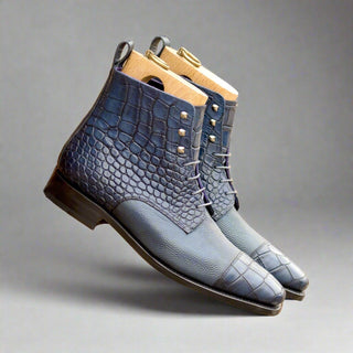 Ambrogio Luxury Navy Crocodile Print / Pebble Grain Leather Jumper Boots (AMB2545)-AmbrogioShoes