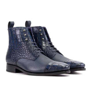 Ambrogio Luxury Navy Crocodile Print / Pebble Grain Leather Jumper Boots (AMB2545)-AmbrogioShoes