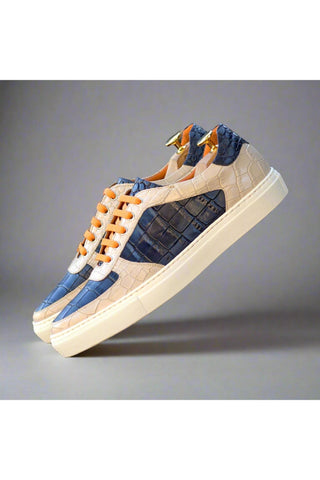 Ambrogio Luxury Navy & Nude Crocodile Embossed Leather Trainer Sneakers (AMB2543)-AmbrogioShoes