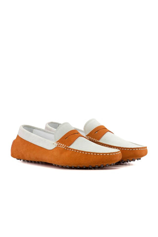 Ambrogio Luxury White & Orange Suede Driver Loafers (AMB2541)-AmbrogioShoes