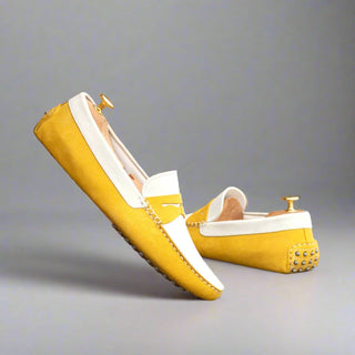 Ambrogio Luxury White & Yellow Suede Driver Loafers (AMB2542)-AmbrogioShoes
