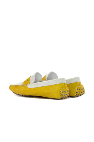 Ambrogio Luxury White & Yellow Suede Driver Loafers (AMB2542)-AmbrogioShoes