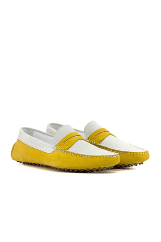 Ambrogio Luxury White & Yellow Suede Driver Loafers (AMB2542)-AmbrogioShoes