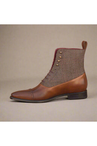 Ambrogio Men's Handmade Custom Made Shoes Beige & Brown Texture Embossed / Calf-Skin Leather Balmoral Boots (AMB1214)-AmbrogioShoes