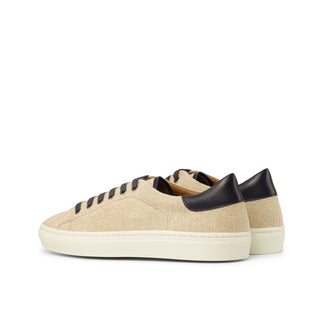 Ambrogio Men's Handmade Custom Made Shoes Beige & Navy Linen / Calf-Skin Leather Casual Trainer Sneakers (AMB1092)