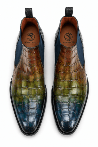 Ambrogio Men's Handmade Custom Made Shoes Bi-Color Crocodile Print / Jungle Patina Leather Chelsea Boots (AMB1658)