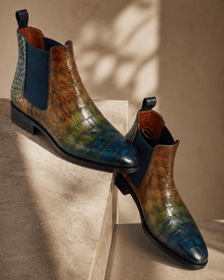 Ambrogio Men's Handmade Custom Made Shoes Bi-Color Crocodile Print / Jungle Patina Leather Chelsea Boots (AMB1658)