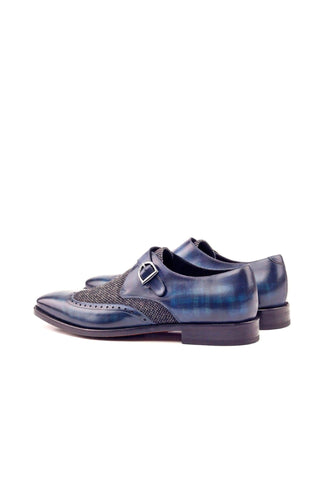 Ambrogio Men's Handmade Custom Made Shoes Black & Blue Texture Embossed / Patina Leather Monk-Straps Loafers (AMB1062)-AmbrogioShoes