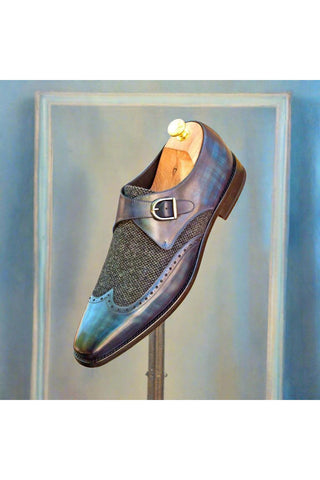 Ambrogio Men's Handmade Custom Made Shoes Black & Blue Texture Embossed / Patina Leather Monk-Straps Loafers (AMB1062)-AmbrogioShoes