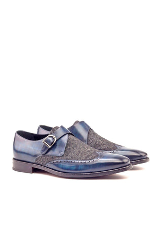 Ambrogio Men's Handmade Custom Made Shoes Black & Blue Texture Embossed / Patina Leather Monk-Straps Loafers (AMB1062)-AmbrogioShoes