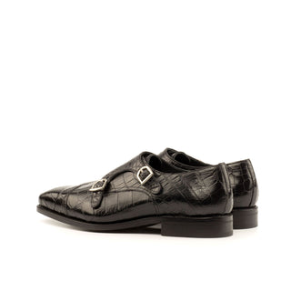 Ambrogio Men's Handmade Custom Made Shoes Black Exotic Alligator Monk-Straps Loafers (AMB1125)