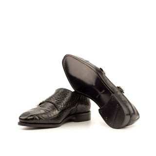 Ambrogio Men's Handmade Custom Made Shoes Black Exotic Alligator Monk-Straps Loafers (AMB1125)