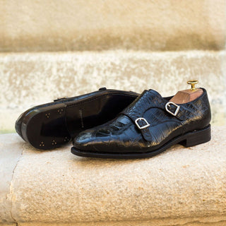 Ambrogio Men's Handmade Custom Made Shoes Black Exotic Alligator Monk-Straps Loafers (AMB1125)