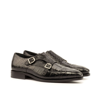 Ambrogio Men's Handmade Custom Made Shoes Black Exotic Alligator Monk-Straps Loafers (AMB1125)