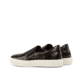 Ambrogio Men's Handmade Custom Made Shoes Black Exotic Alligator Slip-On Sneakers (AMB1080)