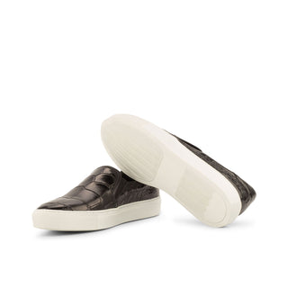 Ambrogio Men's Handmade Custom Made Shoes Black Exotic Alligator Slip-On Sneakers (AMB1080)