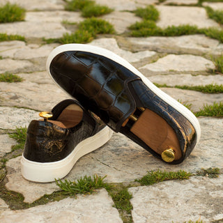 Ambrogio Men's Handmade Custom Made Shoes Black Exotic Alligator Slip-On Sneakers (AMB1080)