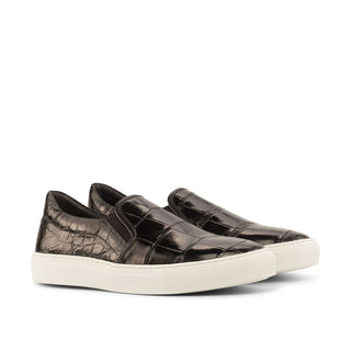 Ambrogio Men's Handmade Custom Made Shoes Black Exotic Alligator Slip-On Sneakers (AMB1080)
