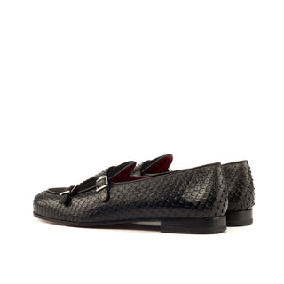 Ambrogio Men's Handmade Custom Made Shoes Black Exotic Snake-Skin / Suede Monk Slipper Loafers (AMB1078)