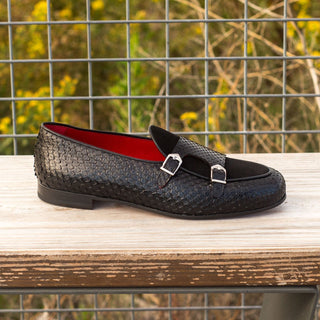 Ambrogio Men's Handmade Custom Made Shoes Black Exotic Snake-Skin / Suede Monk Slipper Loafers (AMB1078)