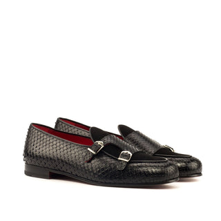 Ambrogio Men's Handmade Custom Made Shoes Black Exotic Snake-Skin / Suede Monk Slipper Loafers (AMB1078)