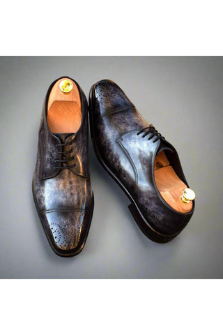 Ambrogio Men's Handmade Custom Made Shoes Black & Gray Crocodile / Patina Leather Derby (AMB1086)-AmbrogioShoes