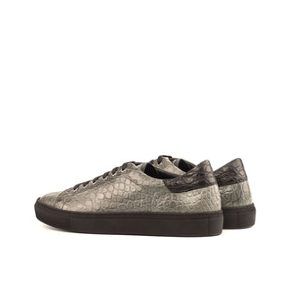 Ambrogio Men's Handmade Custom Made Shoes Black & Gray Exotic Alligator Casual Trainer Sneakers (AMB1084)