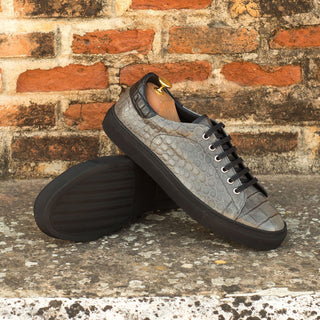Ambrogio Men's Handmade Custom Made Shoes Black & Gray Exotic Alligator Casual Trainer Sneakers (AMB1084)