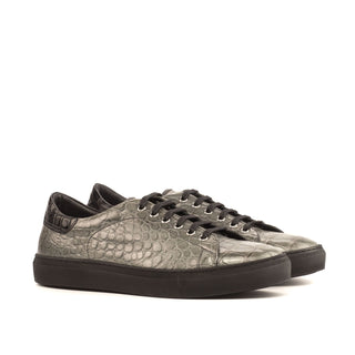 Ambrogio Men's Handmade Custom Made Shoes Black & Gray Exotic Alligator Casual Trainer Sneakers (AMB1084)