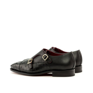 Ambrogio Men's Handmade Custom Made Shoes Black Ostrich / Calf-Skin Leather Monk-Straps Loafers (AMB1117)