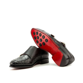 Ambrogio Men's Handmade Custom Made Shoes Black Ostrich / Calf-Skin Leather Monk-Straps Loafers (AMB1117)