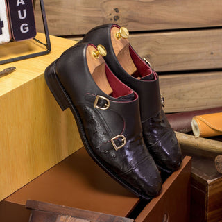 Ambrogio Men's Handmade Custom Made Shoes Black Ostrich / Calf-Skin Leather Monk-Straps Loafers (AMB1117)
