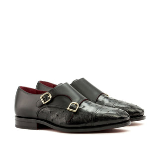 Ambrogio Men's Handmade Custom Made Shoes Black Ostrich / Calf-Skin Leather Monk-Straps Loafers (AMB1117)
