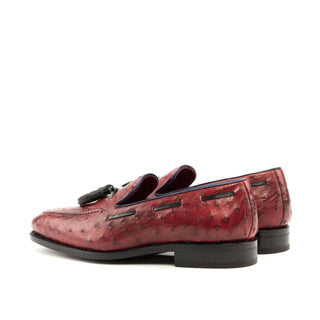 Ambrogio Men's Handmade Custom Made Shoes Black & Red Ostrich / Calf-Skin Leather Tassel Loafers (AMB1105)