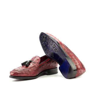 Ambrogio Men's Handmade Custom Made Shoes Black & Red Ostrich / Calf-Skin Leather Tassel Loafers (AMB1105)