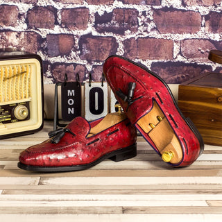 Ambrogio Men's Handmade Custom Made Shoes Black & Red Ostrich / Calf-Skin Leather Tassel Loafers (AMB1105)