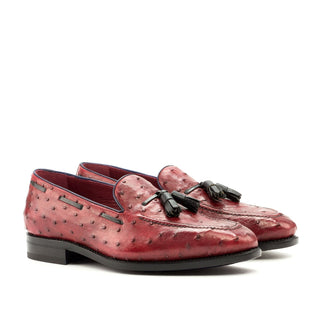 Ambrogio Men's Handmade Custom Made Shoes Black & Red Ostrich / Calf-Skin Leather Tassel Loafers (AMB1105)