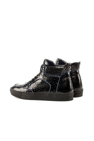 Ambrogio Men's Handmade Custom Made Shoes Black Snake-Skin High Top Sneakers (AMB1114)