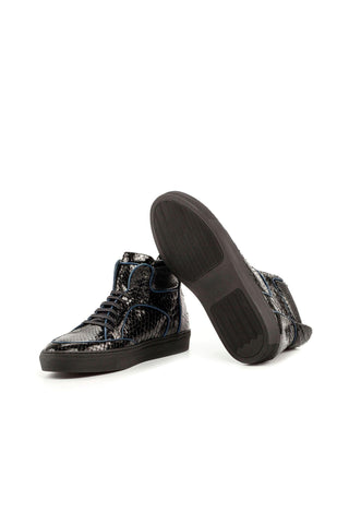 Ambrogio Men's Handmade Custom Made Shoes Black Snake-Skin High Top Sneakers (AMB1114)
