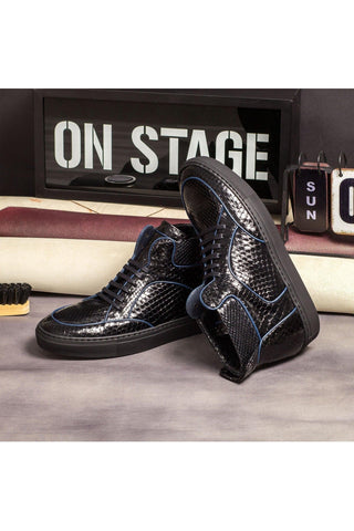 Ambrogio Men's Handmade Custom Made Shoes Black Snake-Skin High Top Sneakers (AMB1114)