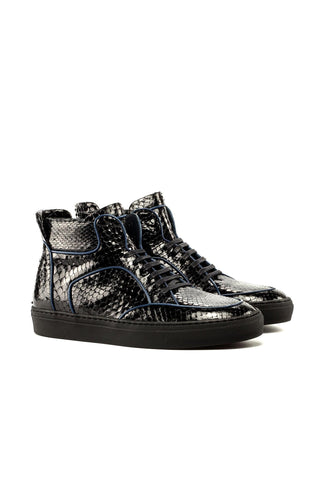 Ambrogio Men's Handmade Custom Made Shoes Black Snake-Skin High Top Sneakers (AMB1114)