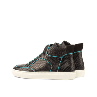 Ambrogio Men's Handmade Custom Made Shoes Black & Turquoise Snake-Skin / Suede /Leather High-Top Sneakers (AMB1129)